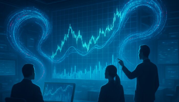 VWAP in Crypto Trading: Holographic VWAP chart for cryptocurrencies with traders analyzing price and volume trends in a high-tech hub.