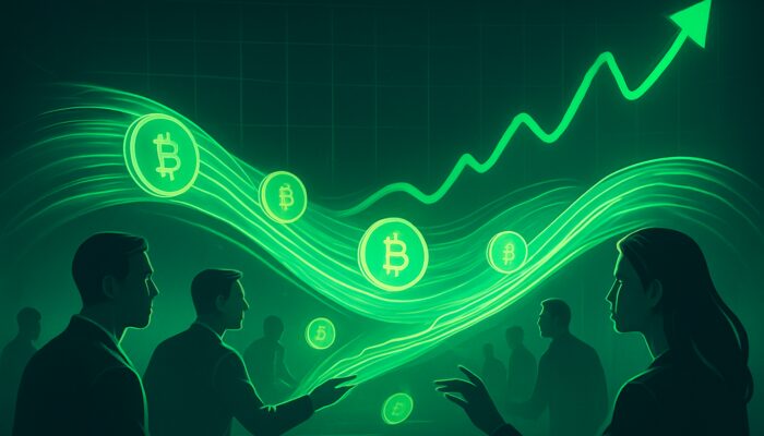 Liquidity in Crypto Markets: Dynamic stock market with flowing digital currency streams and glowing green price charts symbolizing liquidity.