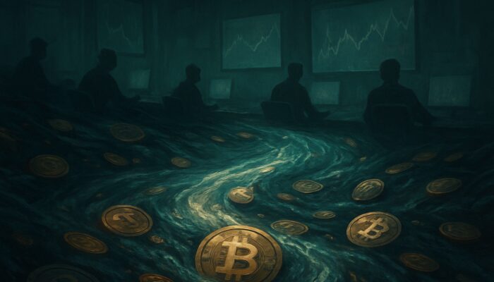 Turbulent crypto river flows through dimly lit trading floor with sparse traders watching flickering charts.