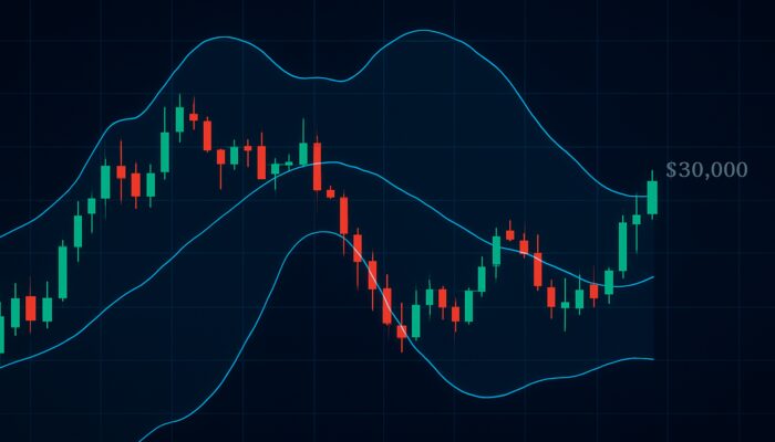 Bitcoin Bollinger Bands chart for $30,000, showing SMA and volatility bands on a dynamic trading interface.