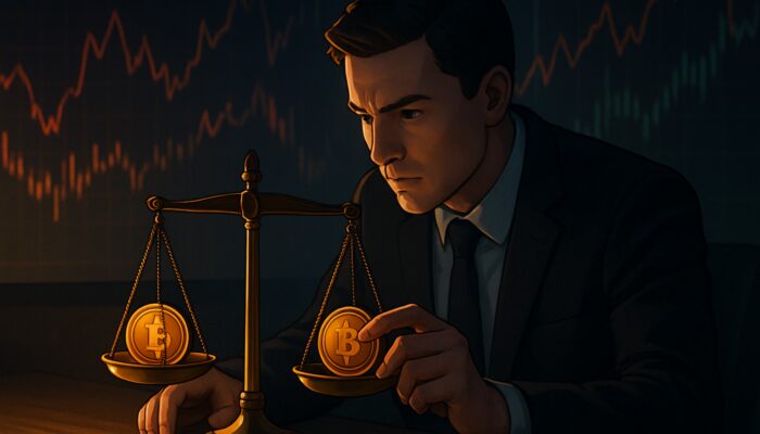 Position Size: Determined crypto trader balances digital coins on a scale amid volatile market charts.