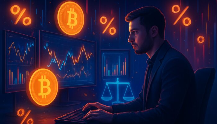 Focused crypto trader analyzing charts, Bitcoin coins, and risk-reward scales in neon-lit environment.