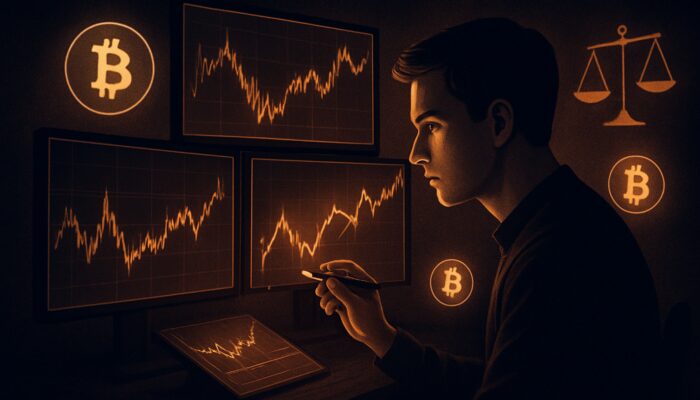 Crypto trader analyzing volatile charts, marking entry and exit points with glowing lines and Bitcoin symbols.