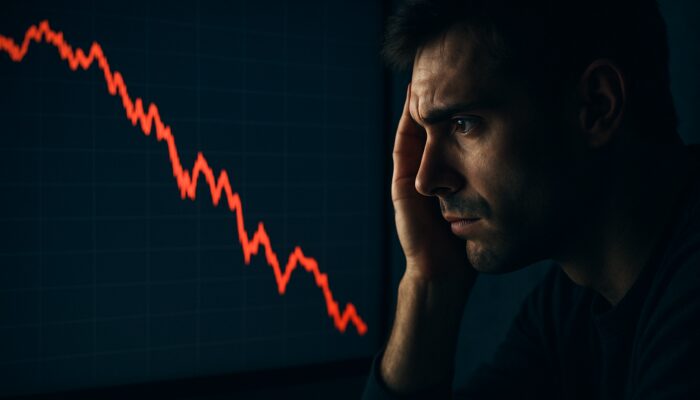 Crypto trader stares at volatile Bitcoin chart with 20% drawdown, red lines plunging.