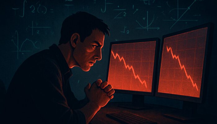 Tense crypto trader analyzing plunging stock charts and red drawdown graphs amid floating formulas.
