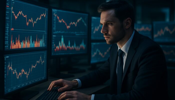 Focused trader analyzing real-time drawdown charts and stock graphs on glowing screens.