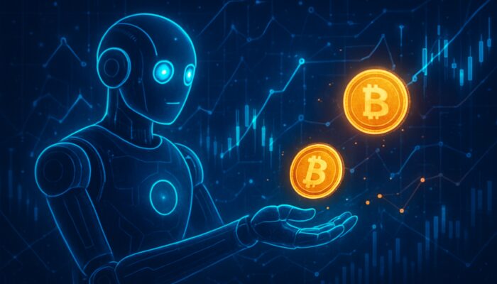Futuristic crypto trading bot analyzing market charts and executing automated trades in a neon-lit network.
