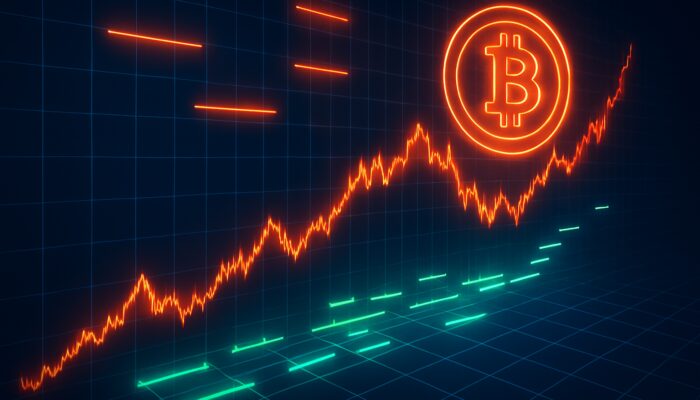Volatile Bitcoin chart with digital grid and glowing buy orders at $30k-$32k.