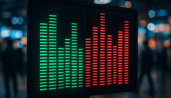 Trading order book with glowing green buy prices and red sell prices on a high-tech market screen.