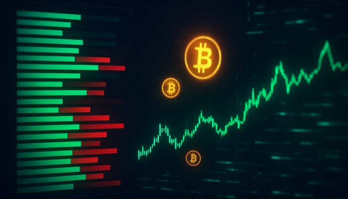 Digital crypto order book with green buy orders, red sell orders, Bitcoin symbols, and price charts on dark screen.