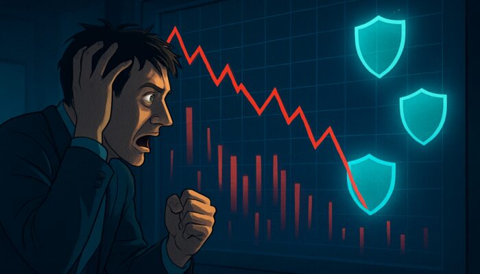 Frantic trader in dimly lit room, staring at chaotic order book with red slippage lines and glowing limit shields.