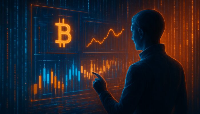 Maker Fee and Taker Fee: Futuristic trader placing limit order on glowing crypto interface with cascading data streams and stabilized chart.