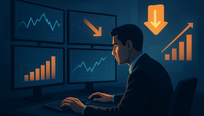 Trader analyzing stock charts on multiple screens, placing limit orders with icons of falling fees and rising volumes.