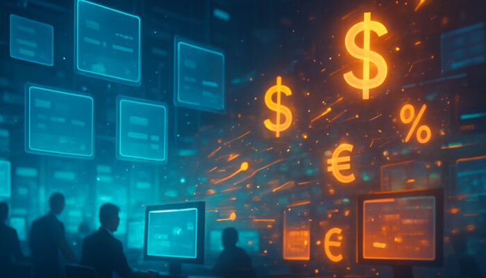 Bustling digital trading floor: suspended maker orders as waiting tickets, taker orders with flying currency and fee symbols.