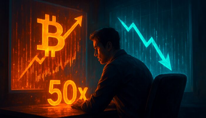High-stakes crypto trader in dimly lit room, amplifying Bitcoin trades with 50x leverage on exploding holographic charts.