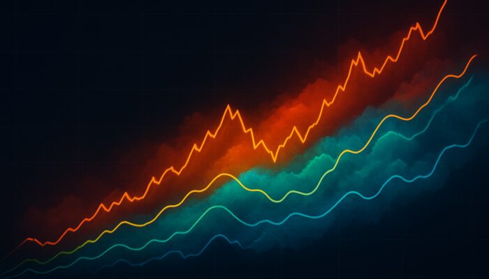 Ichimoku Cloud financial chart: five intertwined lines in colorful shaded formation, showing market trends and momentum.