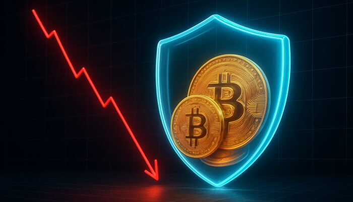 Red stop-loss line on plummeting Bitcoin chart, with glowing coins shielded by protective barrier.