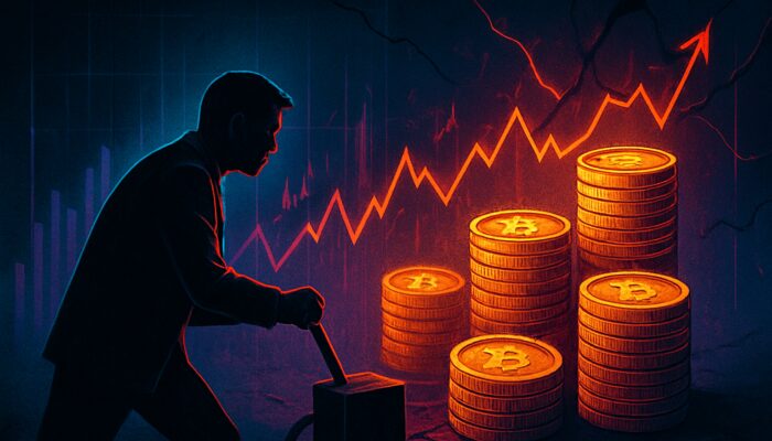 Crypto trader amplifies digital coins into towering stacks on volatile graphs amid risk shadows.