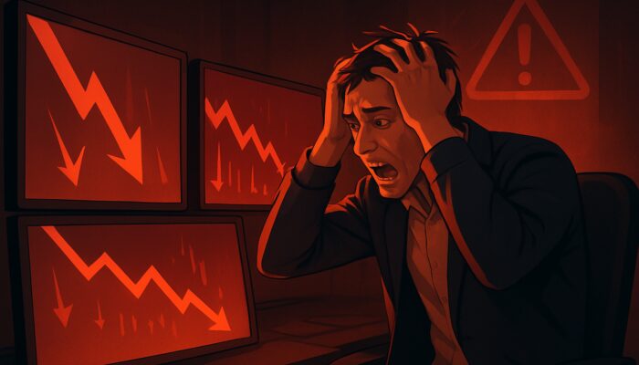Frantic trader watches plummeting crypto charts on multiple screens with flashing red liquidation warnings.