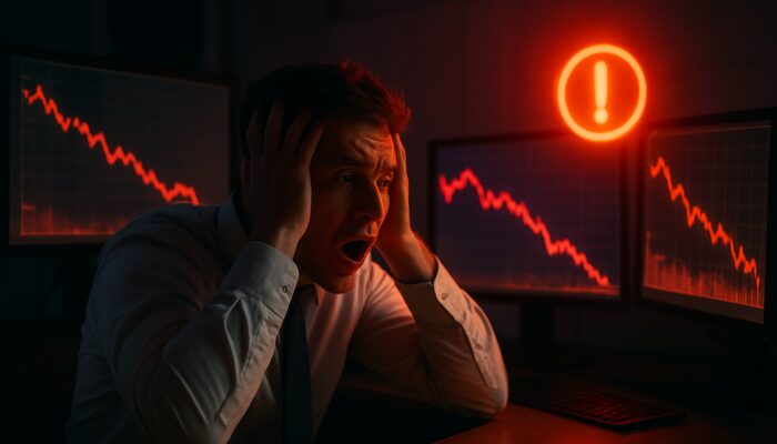Frantic trader in dimly lit office, staring at crashing stock graphs and flashing red margin call alert.
