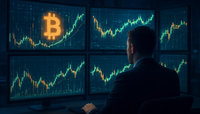 Trader analyzing cryptocurrency charts on multiple screens during backtesting simulation.