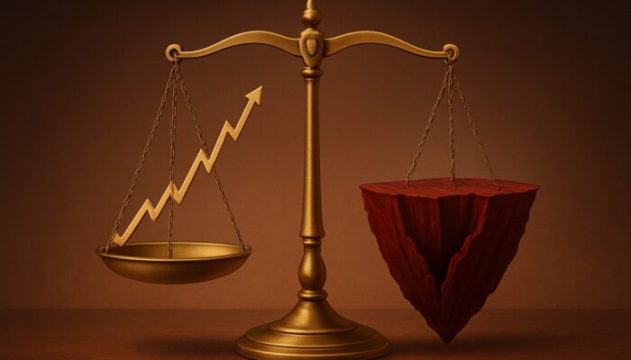 Calmar Ratio: Golden scale balancing soaring stock returns against red drawdown chasm on three-year timeline.