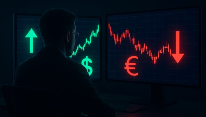 Trader monitoring dual screens with mismatched stock prices and arbitrage arrows in dimly lit room.