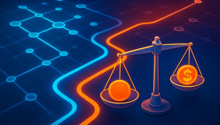 Blockchain network with glowing transactions on low-cost paths and scales showing gas fee savings