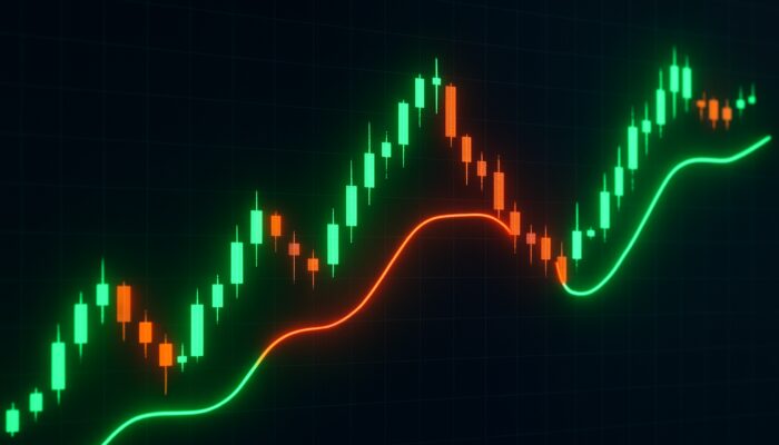 Futuristic trading screen with candlesticks and glowing green-red Supertrend line showing trend reversals and sensitivity.