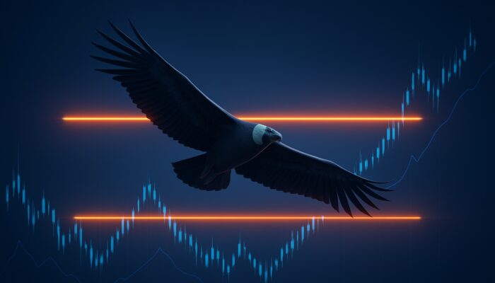 Iron condor bird soaring between strike price barriers on financial chart for low-volatility trading strategy