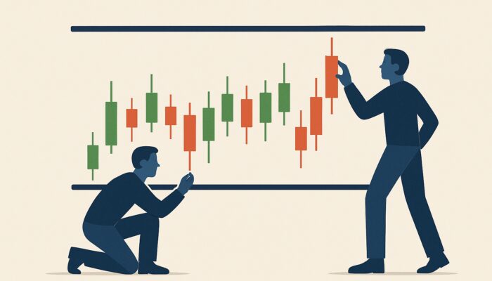 Stock chart showing sideways price action between bold support and resistance lines in a ranging market.