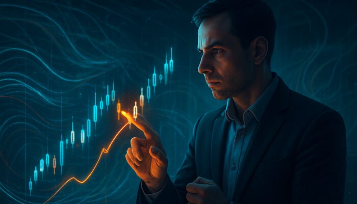 Trader analyzing holographic candlestick charts with entry-exit arrows for recovery factor strategy