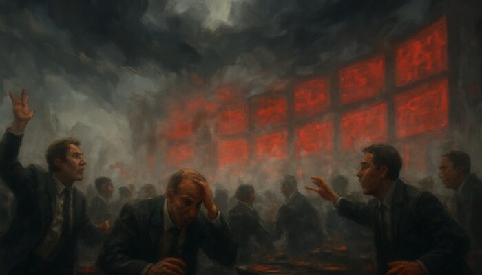 Chaotic trading pit with frantic traders watching unfilled orders evaporate amid stormy skies and red screens