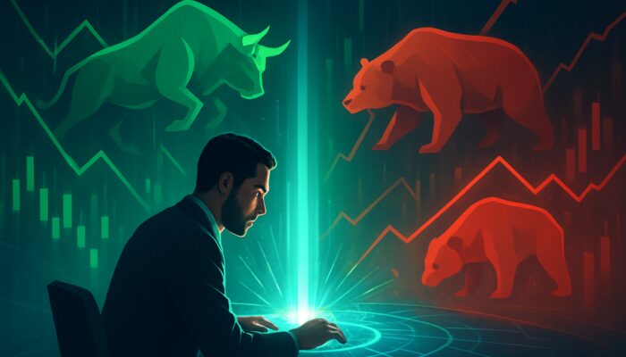 Trader analyzing glowing indicators converging into signal beam amid green bulls and red bears