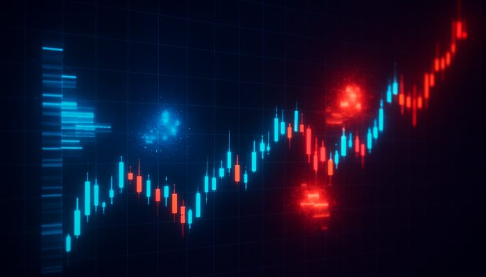 Vivid Volume at Price chart with glowing blue and red clusters marking support and resistance zones.