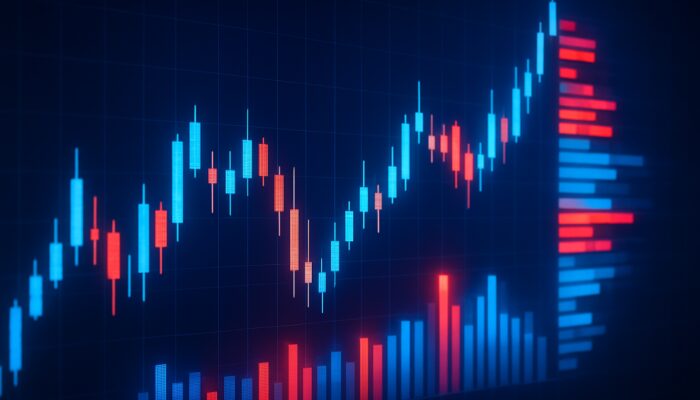 Volume at Price VAP chart with glowing volume bars over candlestick patterns