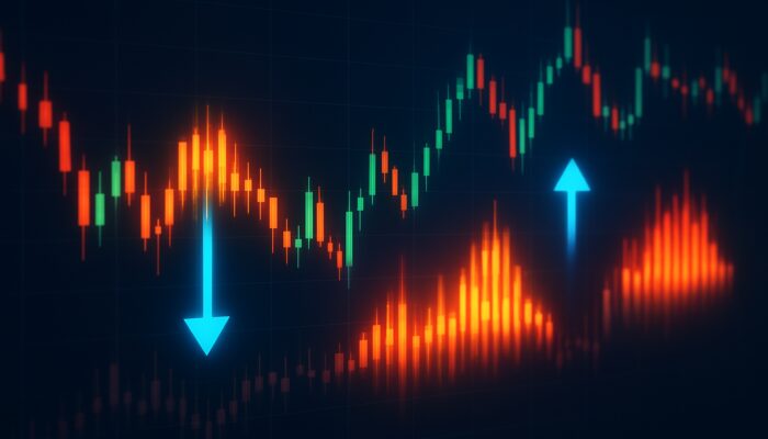 Trading interface with glowing volume clusters, reversal arrows, and volatile candlesticks during market turmoil.
