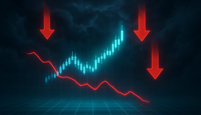 Holographic stock chart showing candlestick-stochastic oscillator divergence with warning arrows signaling reversal.