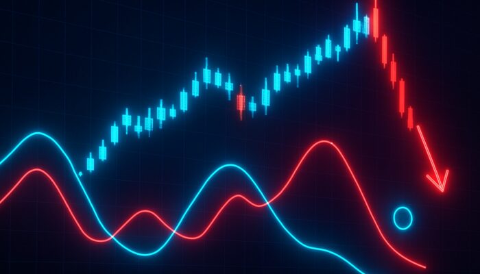 Cyberpunk trading chart with neon stochastic oscillator divergence on glowing candlesticks signaling reversal