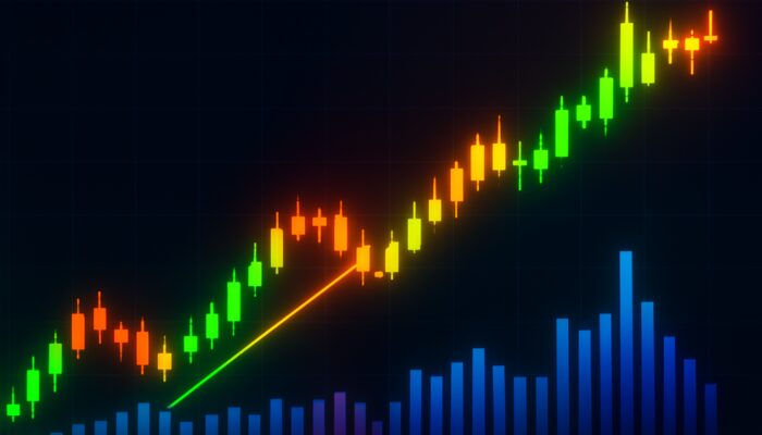 Trading chart with glowing candlesticks and volume bars confirming bullish breakout