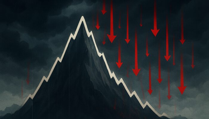 Stock chart peaks then shatters under red sell arrows and stormy clouds, signaling market distribution phase reversal.