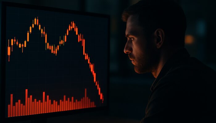 Trader analyzing glowing candlestick chart with head-and-shoulders pattern and red volume bars in dark office.