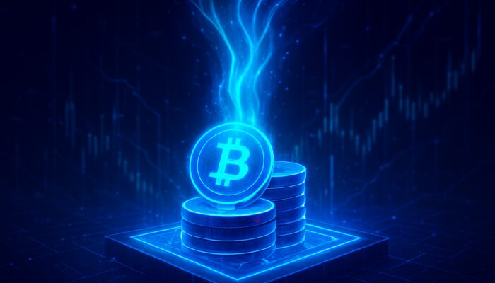 Neon cyber visualization of stacked glowing crypto tokens with upward reward streams for staking rewards calculation.