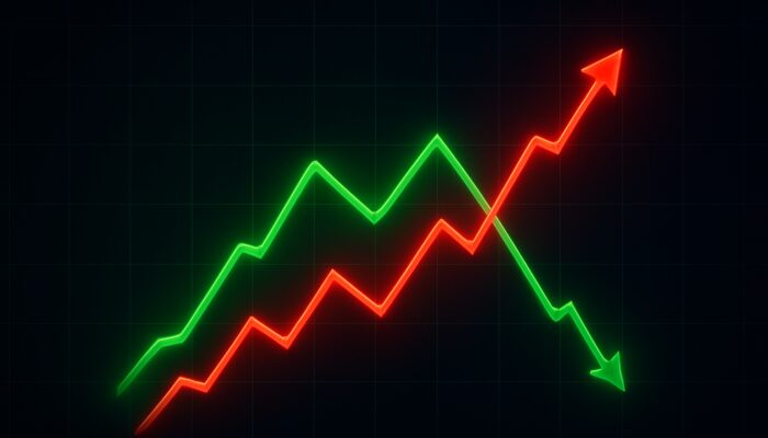 Abstract digital art of two glowing intertwined stock charts on dark grid symbolizing trading correlations.