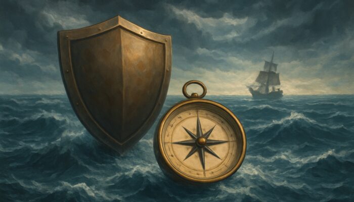 Shield and compass guiding ship through stormy waves to stable horizon, symbolizing risk management resilience.