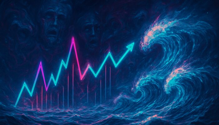 Surreal neon crypto chart morphing into ocean waves with five Elliott impulse surges and three corrections in cyberpunk storm.