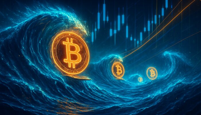 Glowing Bitcoin symbols riding blue Elliott waves on neon cyberpunk candlestick chart