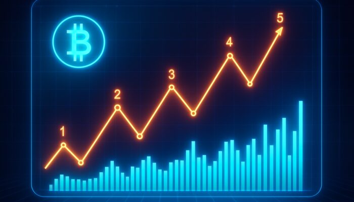 Bitcoin Elliott Wave chart with surging volume bars and neon lines on holographic interface