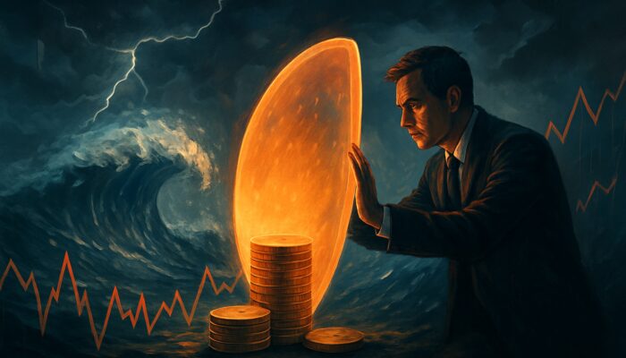 Trader shielding gold coins from market waves with glowing risk per trade barrier amid volatile charts