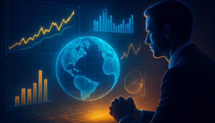 Futuristic trader analyzing holographic ROI charts and win-loss ratios over spinning globe in neon blues and golds.
